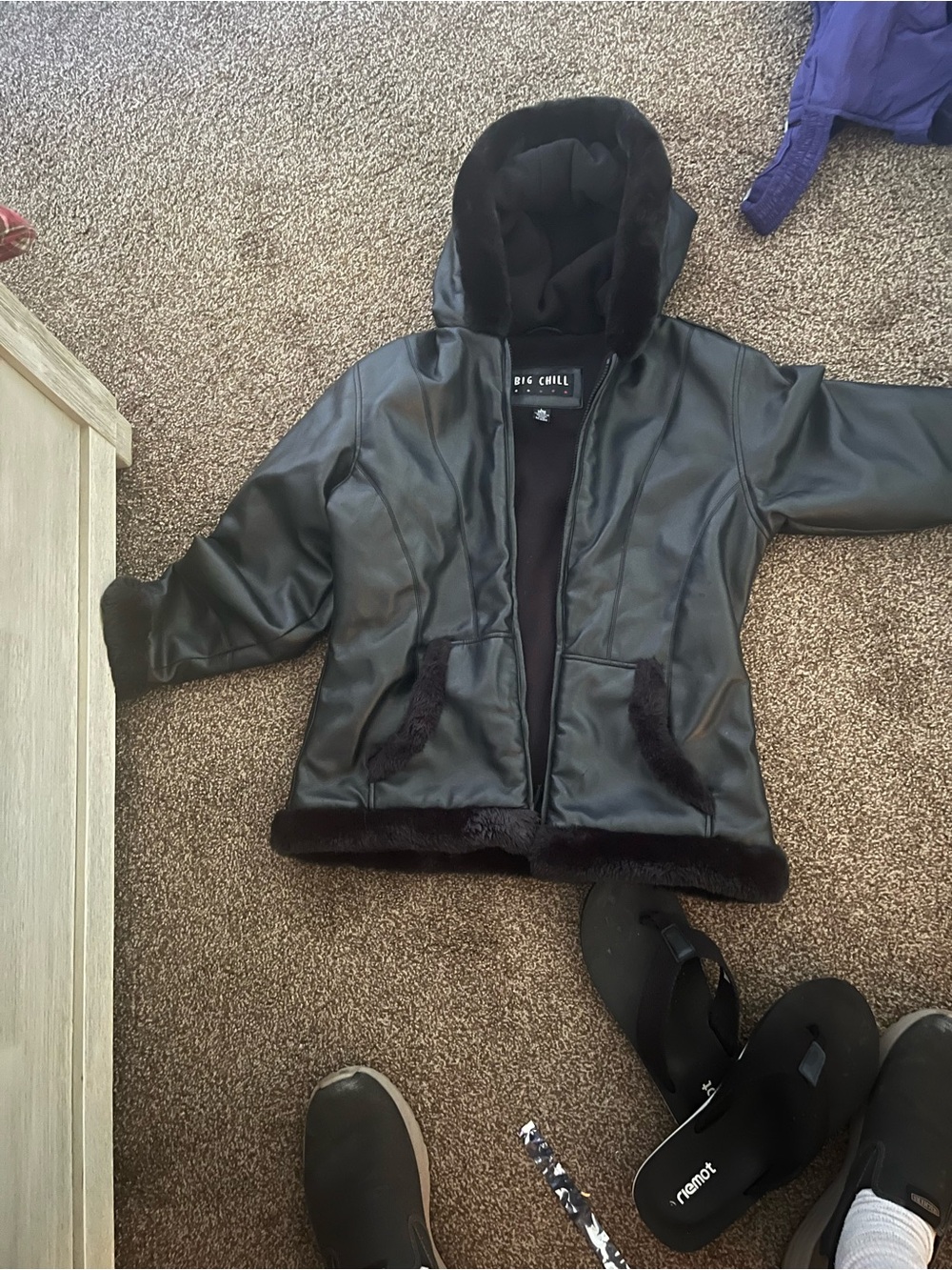 Big Chill Kids Black Faux Leather Hooded Coat with Fur Trim